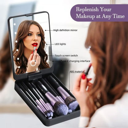 Travel Makeup Brush Set with LED light