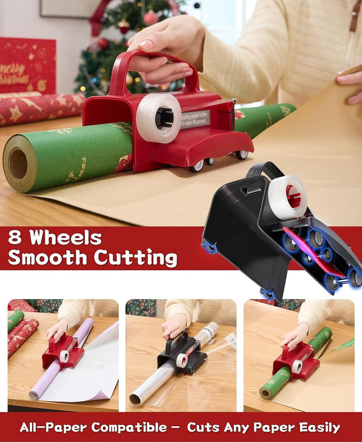 Dual Use Gift Wrap Cutter Tape Dispenser Kit, Portable Sliding Wrapping Paper Slicer